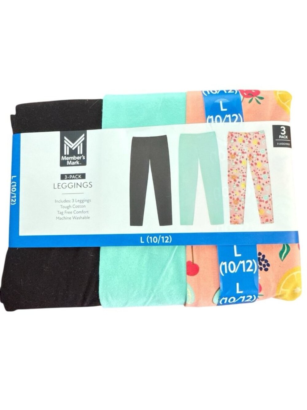 New! Member's Mark Girls 3-Pack Cotton/Spandex Leggings-Size 10/12